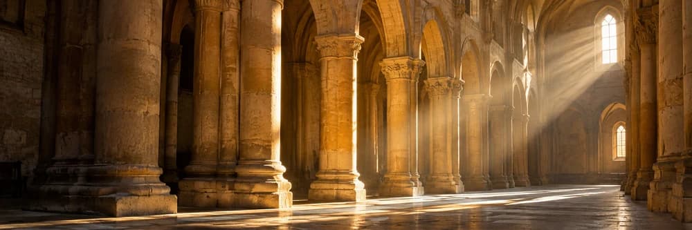 Morning sunlight falling through the columns of a church